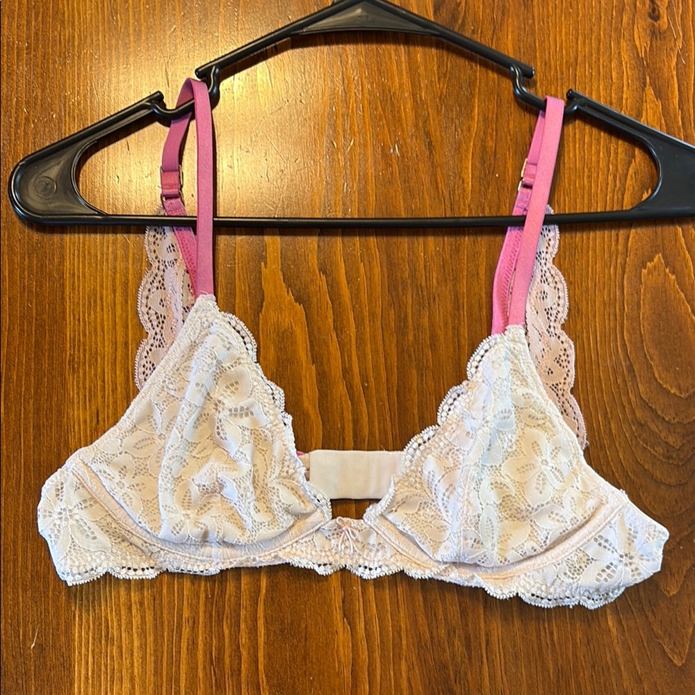 Aerie White/Pale Pink Lace Bralette with Pink Straps